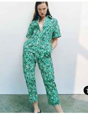 ZARA Green Floral Jumpsuit Size Small Spring Garden Boiler Suit Summer‎ Utility